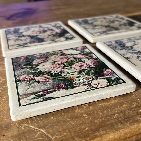 VTG Set of 4 Ceramic Potted Roses Costers - Picture 3 of 4